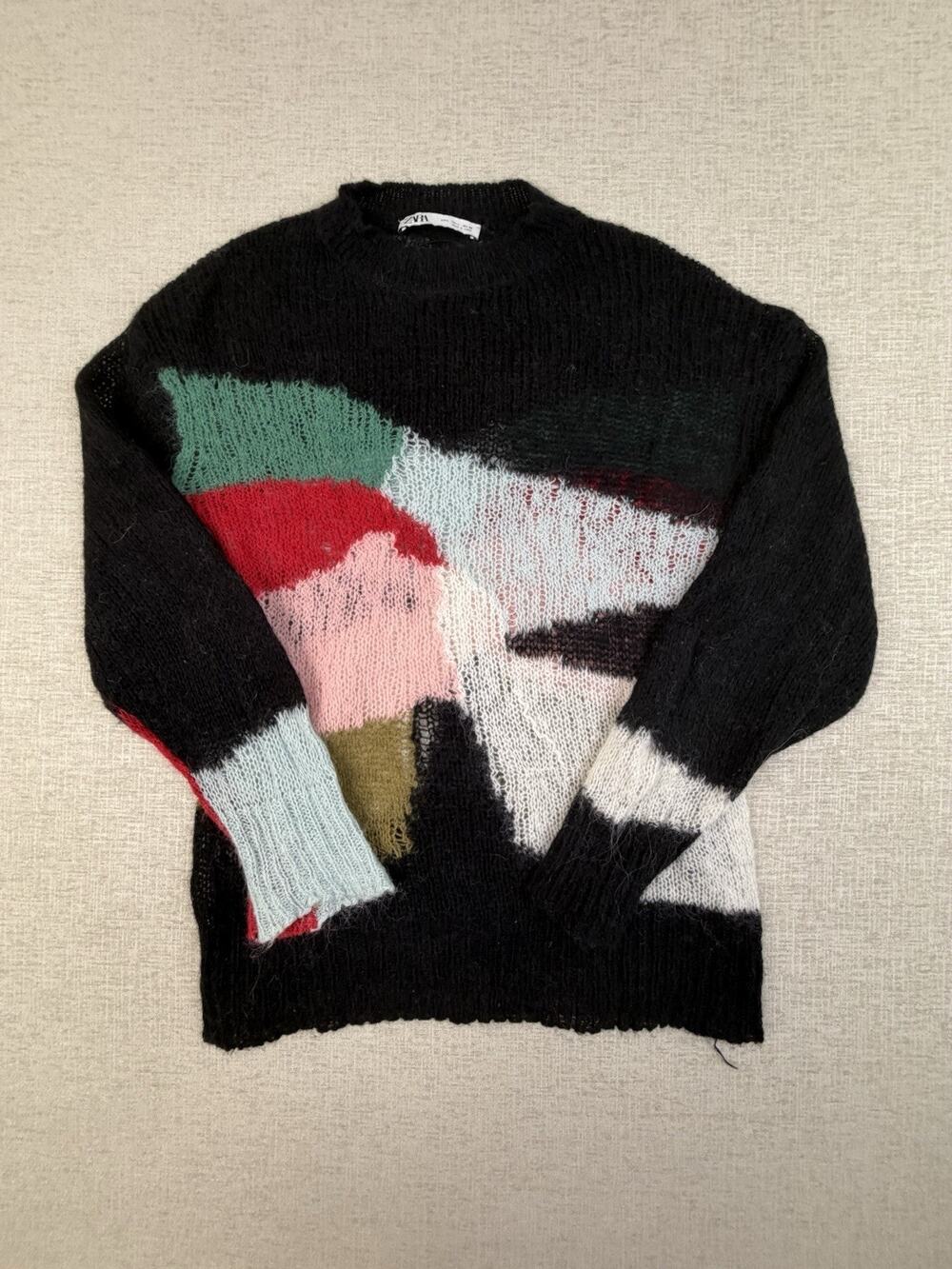 Zara Colorblock Sweater Women’s Large Black Abstract Fuzzy Open Knit Crewneck